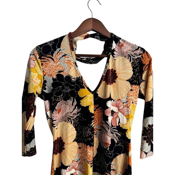 Womens Mini Dress Oriental Retro Print Velvet Bodycon Cut Out Dress Small V Neck - Picture 8 of 13